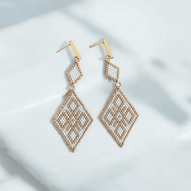 Boucles d&#039;oreilles duo de losanges blanc et or rose