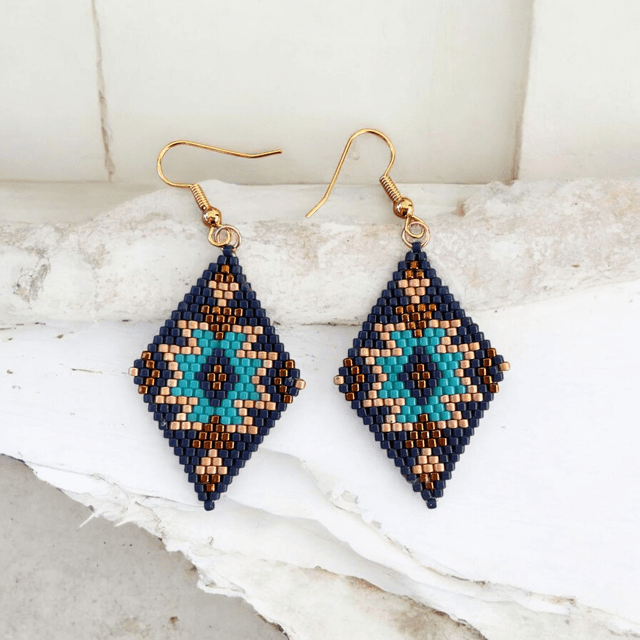 Boucles d&#039;oreilles losange tons bleu et marron
