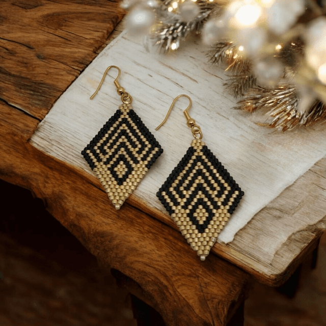 Boucles d&#039;oreilles losanges noir et or