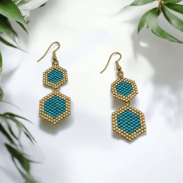 Boucles d&#039;oreilles hexagonales or et bleu