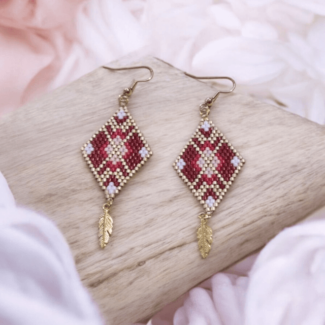 Boucles d&#039;oreilles losange rouge, rose et or